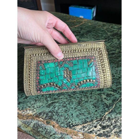 Vintage Cleopatra, like crystal stone bag, purse malachite, gold embellishments - Picture 5 of 11